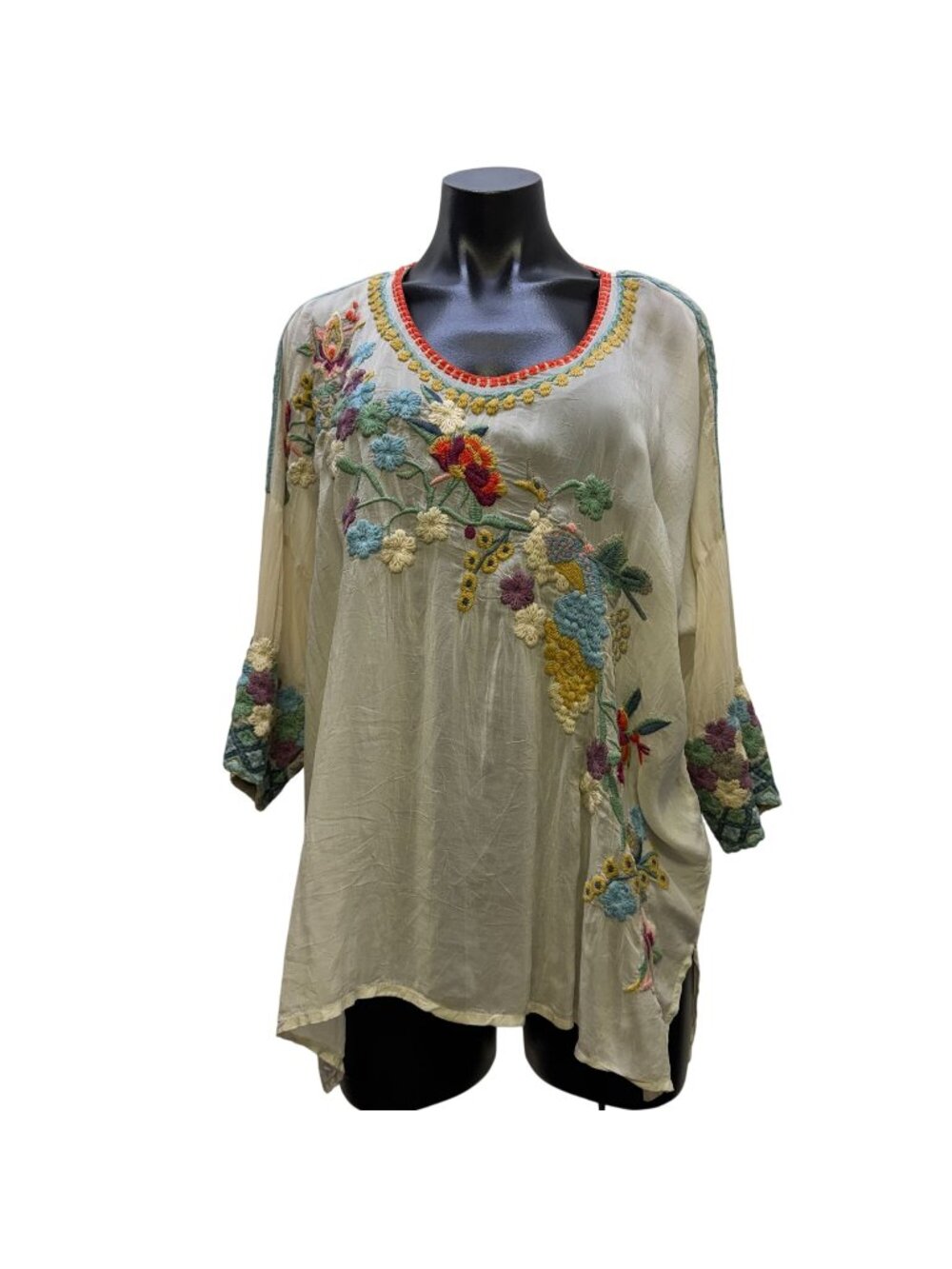 Johnny Was Cream Floral Embroidered Blouse Size M